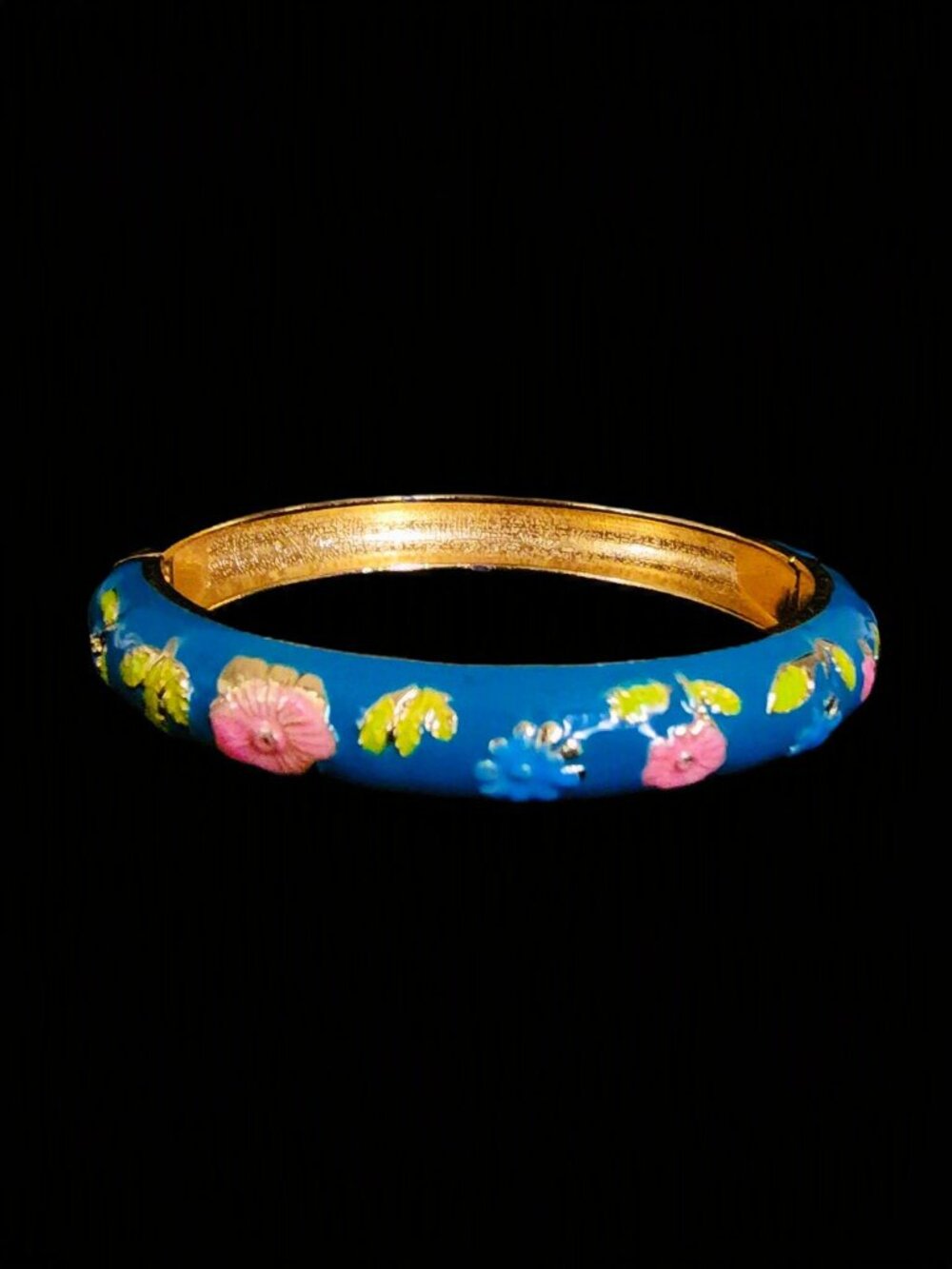 Vintage 90s JTL Signed Blue Floral Cloisonne Enamel Hinged Bangle Bracelet